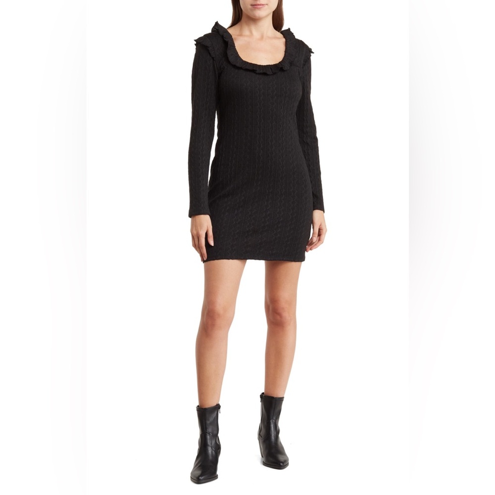 [19 cooper] ruffle long sleeve knit bodycon mini dress black L